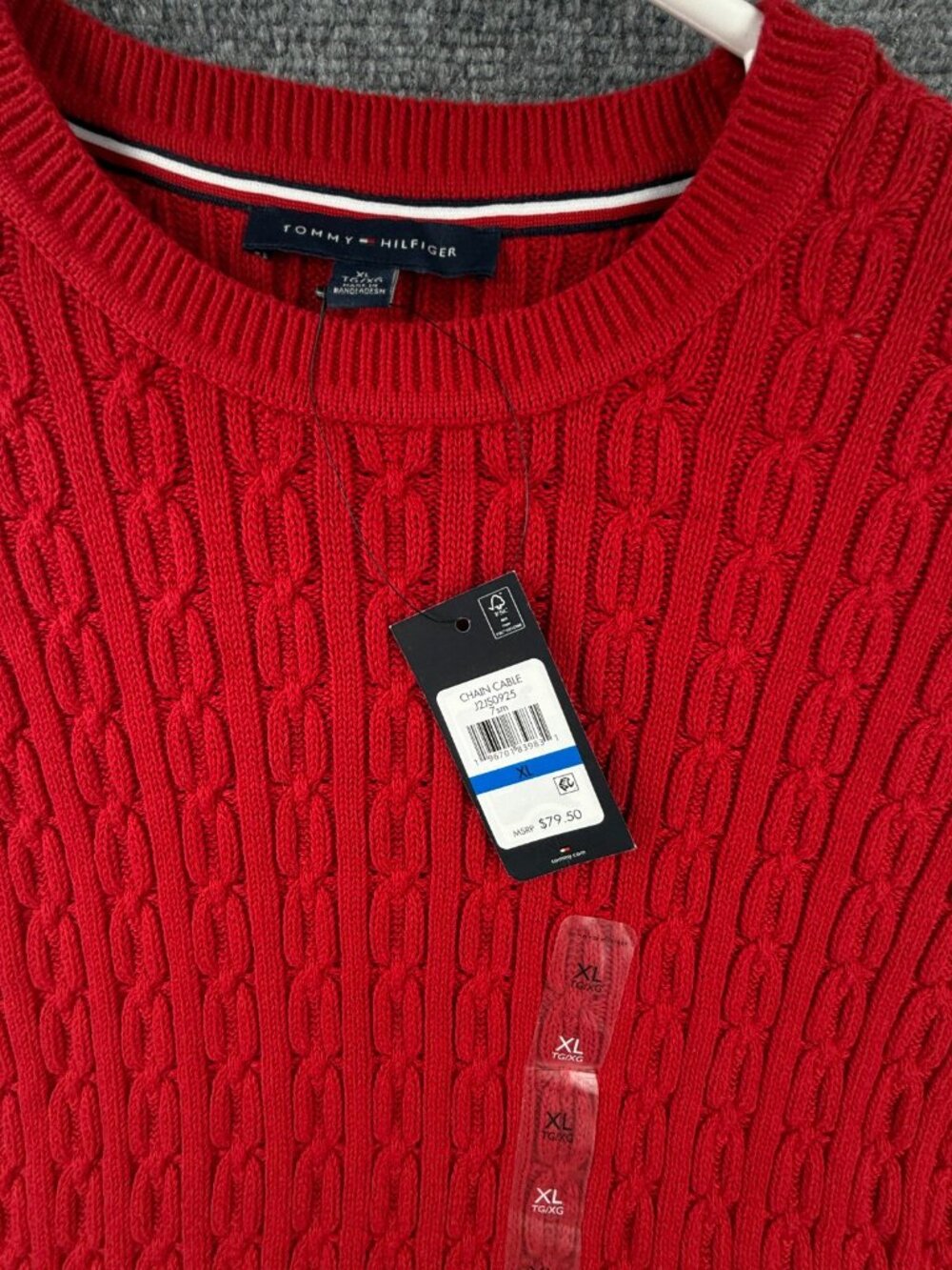 NWT Tommy Hilfiger Red Cable Knit Pullover Sweater $80 Women XL Preppy Blue Trim - Picture 10 of 13